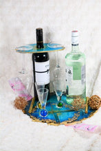 Load image into Gallery viewer, Round shaped wine/champagne butler, caddy. Teal Blue and Gold Bottle holder, housewarming gift, wine lover, realtor gift ideas