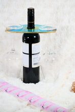 Load image into Gallery viewer, Round shaped wine/champagne butler, caddy. Teal Blue and Gold Bottle holder, housewarming gift, wine lover, realtor gift ideas