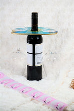 Load image into Gallery viewer, Round shaped wine/champagne butler, caddy. Teal Blue and Gold Bottle holder, housewarming gift, wine lover, realtor gift ideas