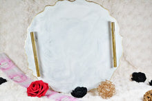 Load image into Gallery viewer, Round Resin Tray - White Marble like with Gold Trim/Resin/Serving Tray/Handmade/Art/Gift/Resin Art