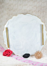 Load image into Gallery viewer, Round Resin Tray - White Marble like with Gold Trim/Resin/Serving Tray/Handmade/Art/Gift/Resin Art