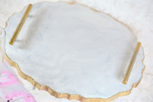 Load image into Gallery viewer, Round Resin Tray - White Marble like with Gold Trim/Resin/Serving Tray/Handmade/Art/Gift/Resin Art