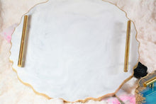 Load image into Gallery viewer, Round Resin Tray - White Marble like with Gold Trim/Resin/Serving Tray/Handmade/Art/Gift/Resin Art