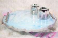 Load image into Gallery viewer, Round Resin Tray - Blue Marble Stone-like with Gold Trim/Resin/Serving Tray/Handmade/Art/Gift/Resin Art