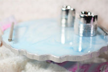 Load image into Gallery viewer, Round Resin Tray - Blue Marble Stone-like with Gold Trim/Resin/Serving Tray/Handmade/Art/Gift/Resin Art