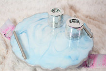 Load image into Gallery viewer, Round Resin Tray - Blue Marble Stone-like with Gold Trim/Resin/Serving Tray/Handmade/Art/Gift/Resin Art