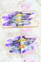 Load image into Gallery viewer, Square Geode Coasters - Purple Blossoms and Gold Leaf/Resin/Coasters/Handmade/Art/Gift/Resin Art
