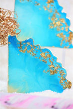 Load image into Gallery viewer, Triangular Geode Coasters - Teal Blue and Gold with Gold Leaf/Resin/Coasters/Handmade/Art/Gift/Resin Art
