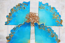 Load image into Gallery viewer, Triangular Geode Coasters - Teal Blue and Gold with Gold Leaf/Resin/Coasters/Handmade/Art/Gift/Resin Art
