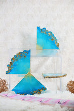 Load image into Gallery viewer, Triangular Geode Coasters - Teal Blue and Gold with Gold Leaf/Resin/Coasters/Handmade/Art/Gift/Resin Art
