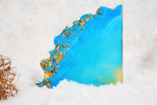 Load image into Gallery viewer, Triangular Geode Coasters - Teal Blue and Gold with Gold Leaf/Resin/Coasters/Handmade/Art/Gift/Resin Art
