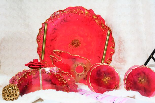 Round Resin Tray - Watermelon Red and Gold Trim/Resin/Serving Tray/Handmade/Art/Gift/Resin Art