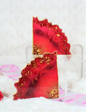 Load image into Gallery viewer, Triangular Geode Coasters - Watermelon Red and Gold Leaf/Resin/Coasters/Handmade/Art/Gift/Resin Art
