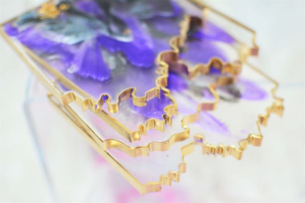 Square Geode Coasters - Purple Blossoms and Gold Leaf/Resin/Coasters/Handmade/Art/Gift/Resin Art