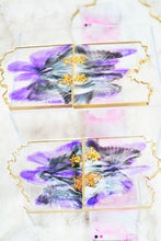 Load image into Gallery viewer, Square Geode Coasters - Purple Blossoms and Gold Leaf/Resin/Coasters/Handmade/Art/Gift/Resin Art
