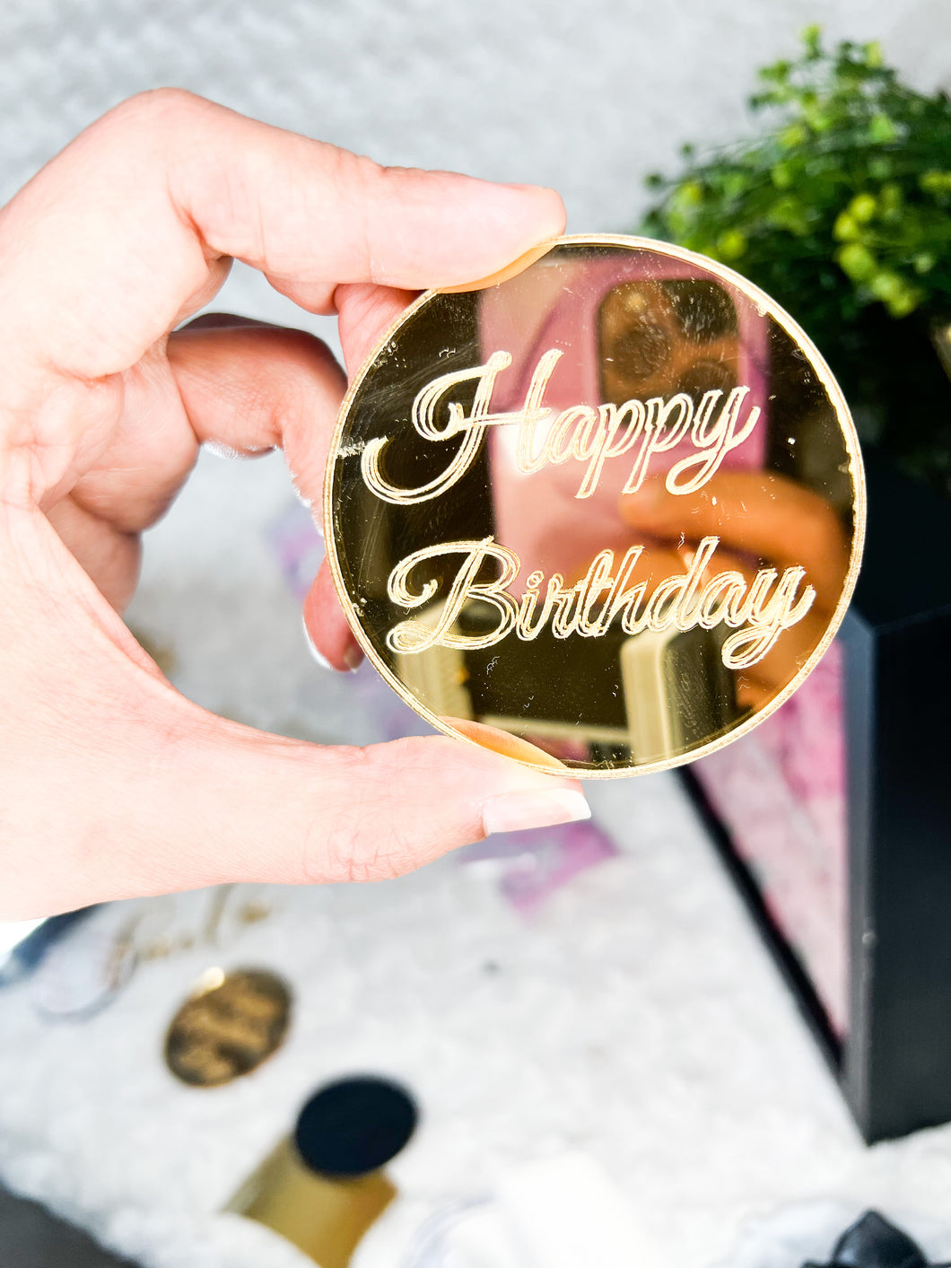 Acrylic Mirror Cupcake Toppers, Gold, Silver or Rose Gold Cupcake Discs, Engraved Mirror Acrylic Gift Tag - Set of 5