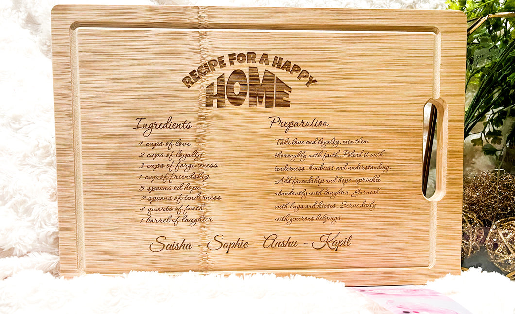 “Recipe for Home”Personalized rectangular Wooden Cutting Board/charcuterie board/ housewarming and wedding gifts.