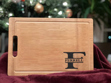 Load image into Gallery viewer, Personalized rectangular Wooden Cutting Board/charcuterie board/ housewarming and wedding gifts.
