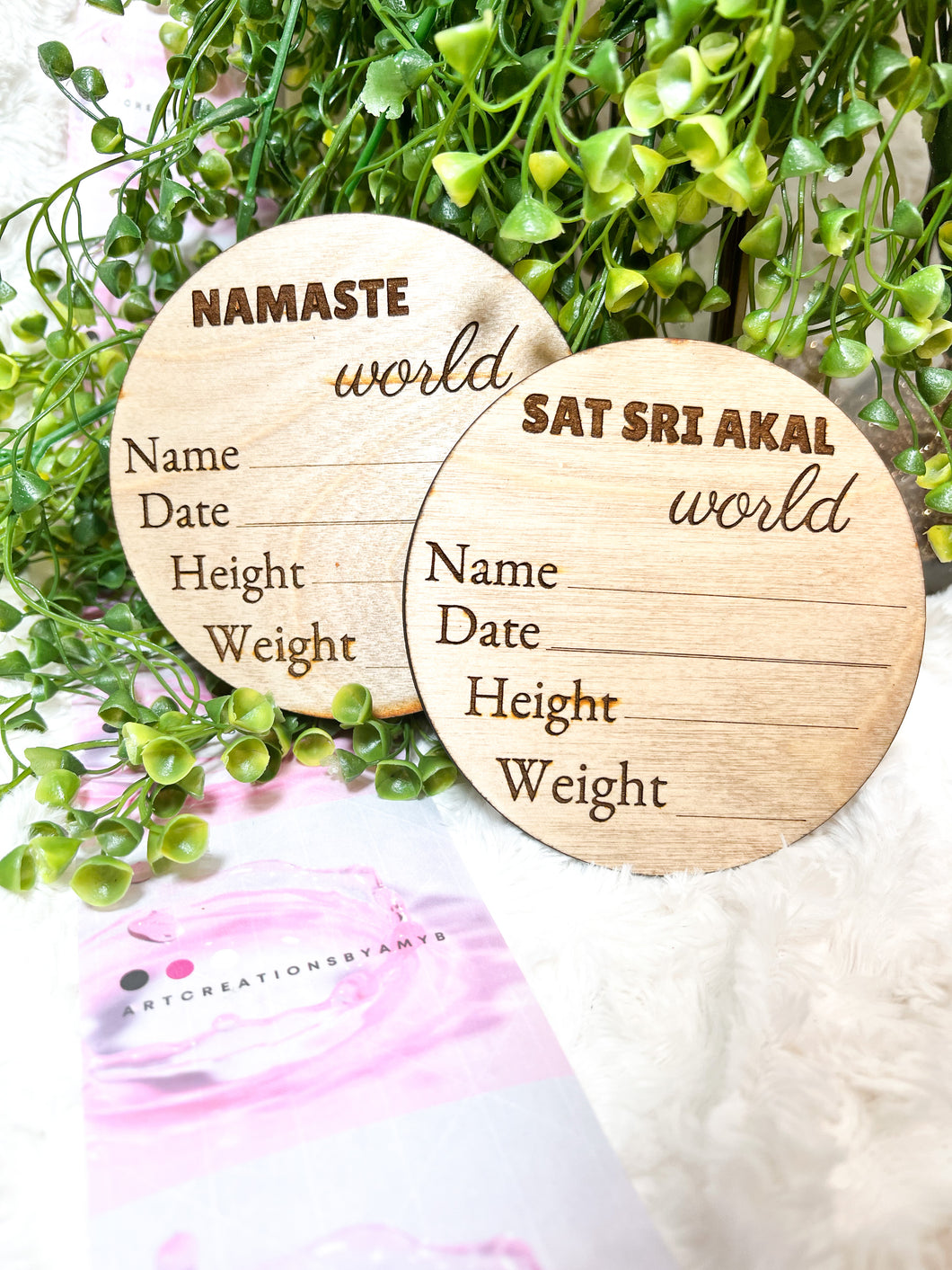Baby Announcement Wooden Engraved Discs - Namaste | Sat Sri Akal | Punjabi