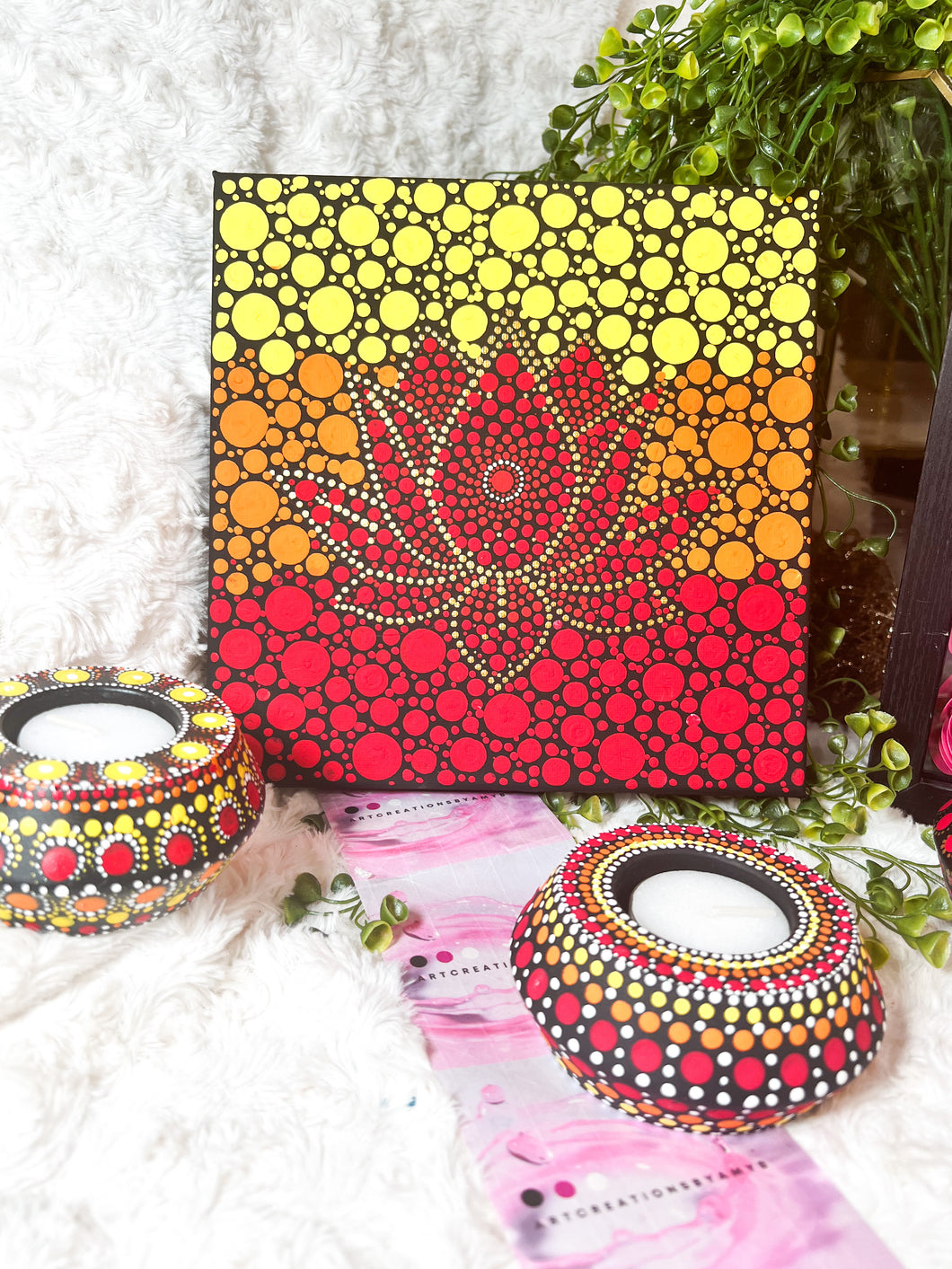 Red and Yellow Lotus Dot Paintings Hand Painted Canvas | Wall art