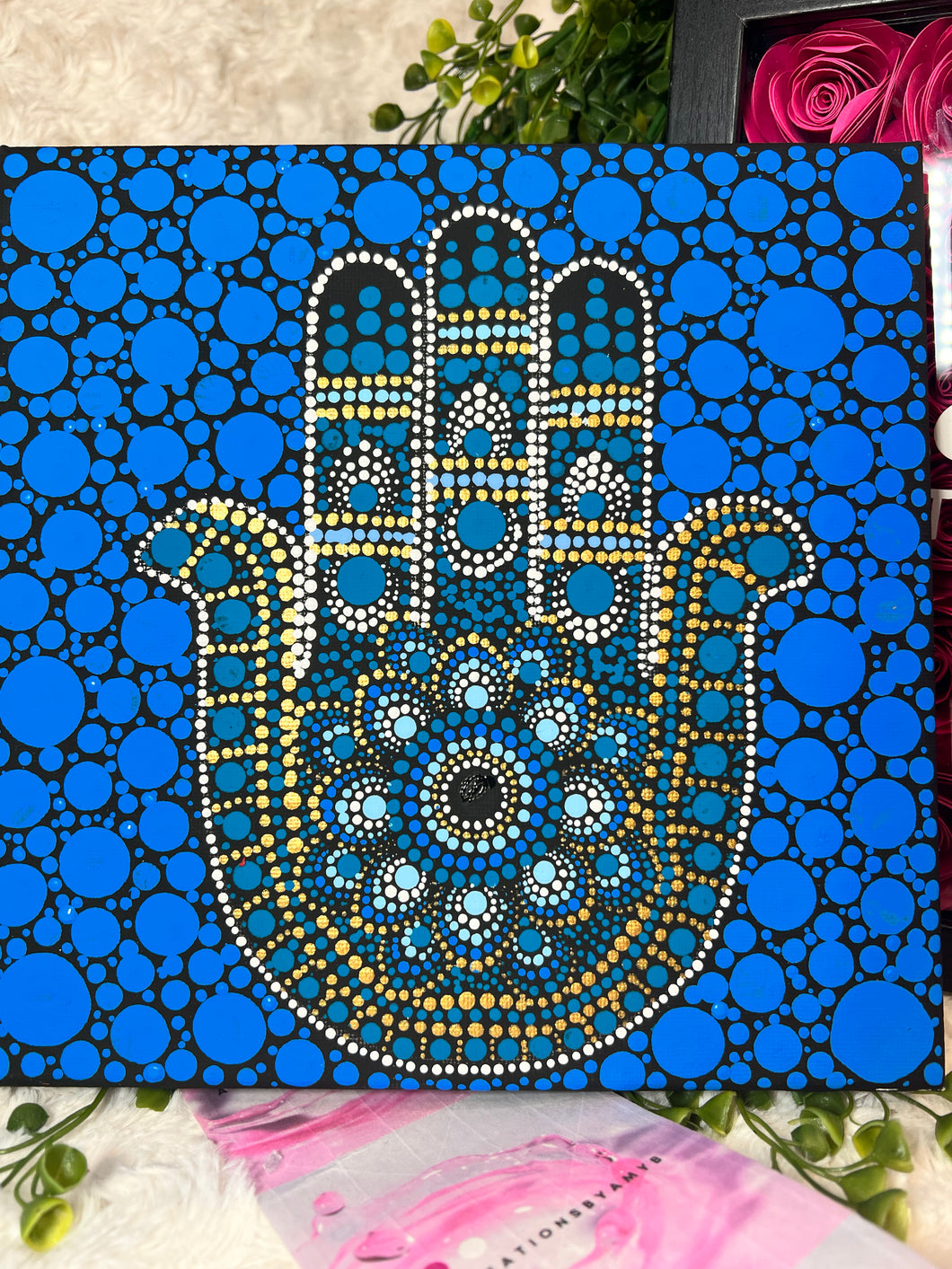 Hamsa Hand (Torquoise) Dot Paintings Hand Painted Canvas | Wall art