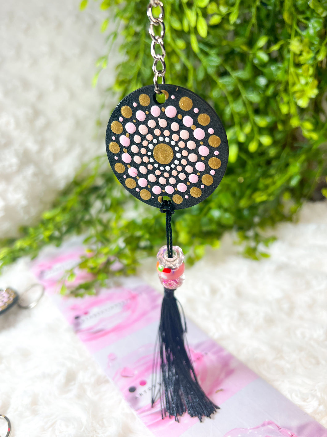 Mandala Art Wooden Keychain - Light Pink