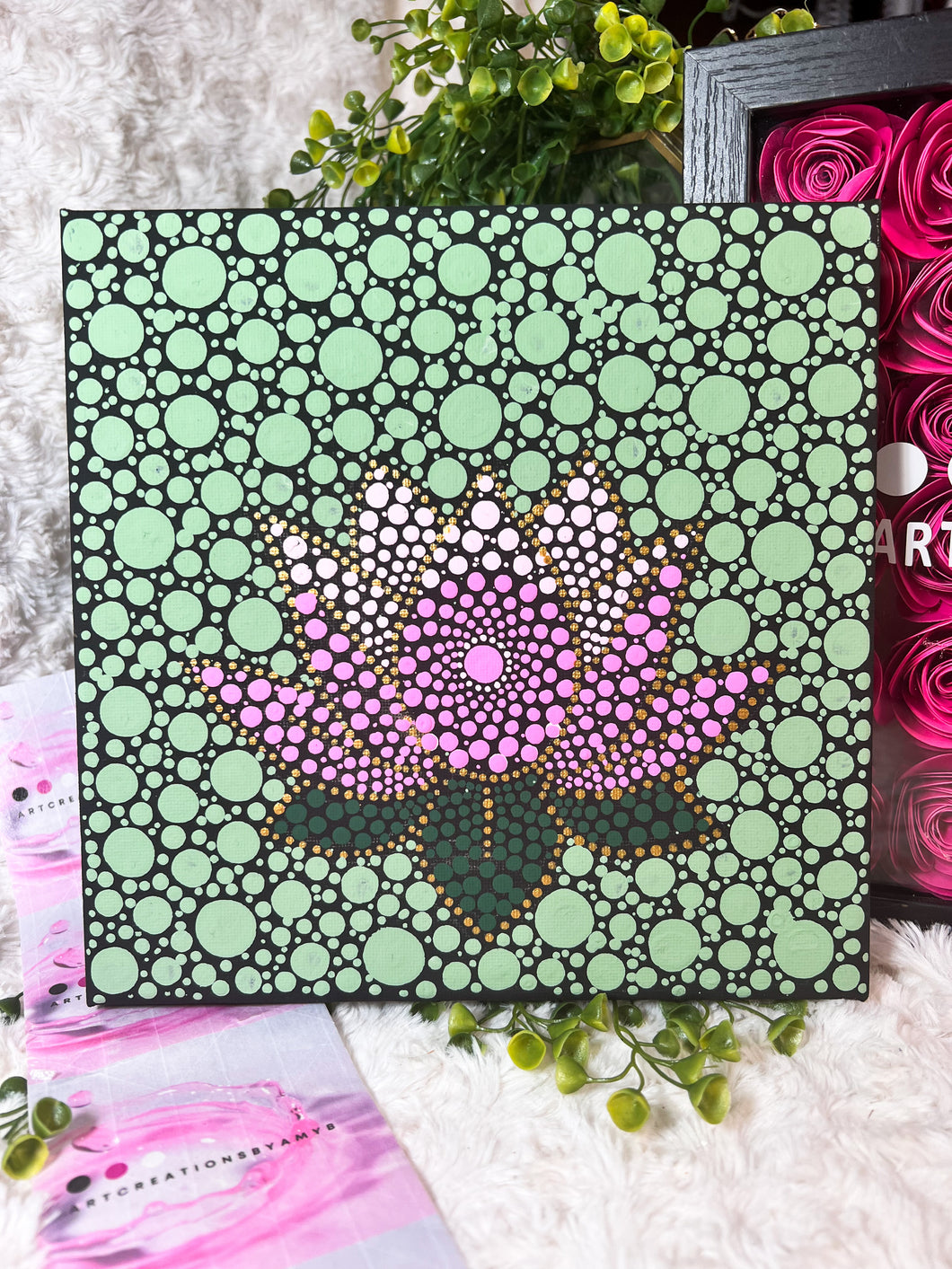 Pink and Sage Lotus Dot Paintings Hand Painted Canvas | Wall art